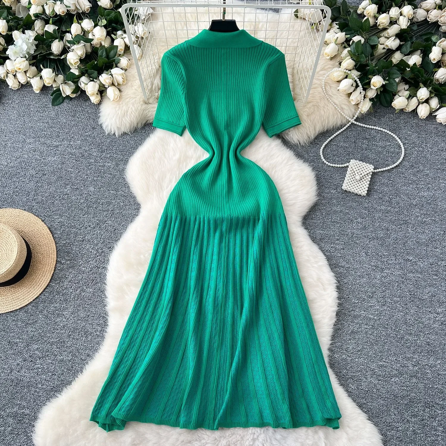 Chic Mode Elegante Patchwork Gestrickte Maxi Kleid 2025, Sommer Dame drehen-unten Kragen Hemd Pullover Kleid Party Vestidos