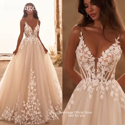 Sevintage Boho v 넥 웨딩 드레스 스파게티 스트랩 아플리케 코르셋 Tulle Bridal 가운 레이스 바닥 길이 vestidos 사용자 정의