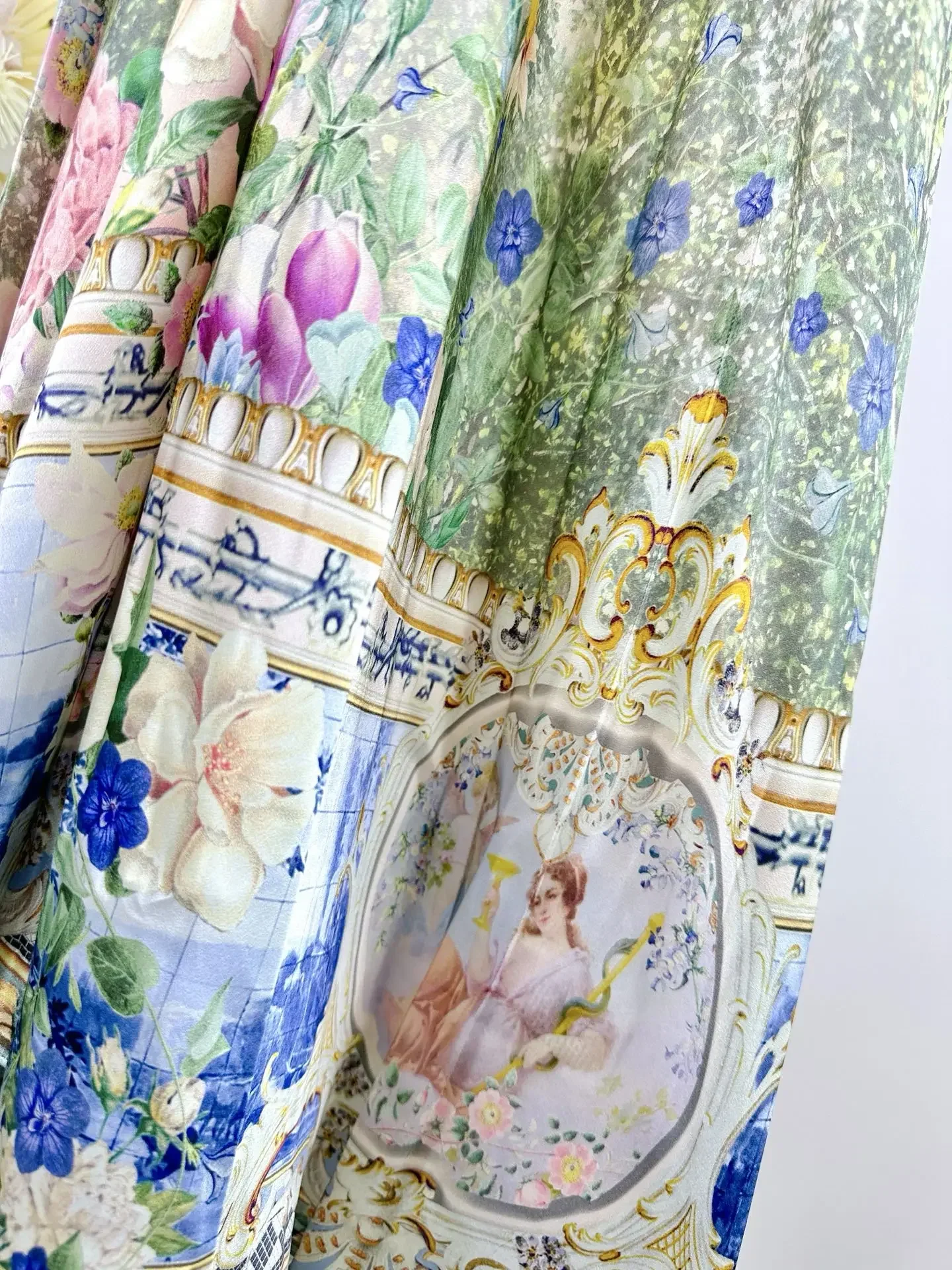 Robe Maxi en soie pour femmes, 100%, imprimé floral, perles de cristal, col en v, manches évasées, taille haute, élégante, nouvelle collection 2025