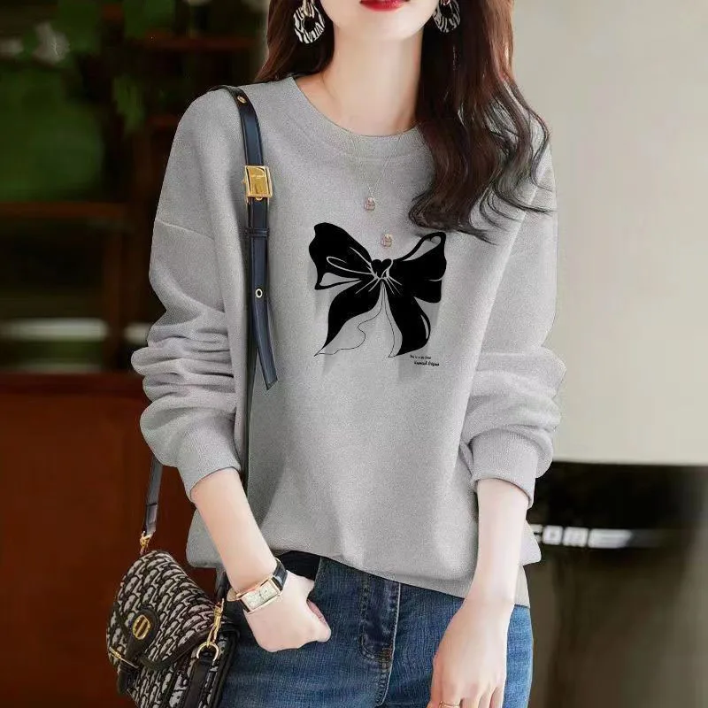 New Autumn/Winter Fashion Korean Edition Velvet Printed Round Neck Large Loose Versatile Casual Women\'s Long Sleeve Sweater