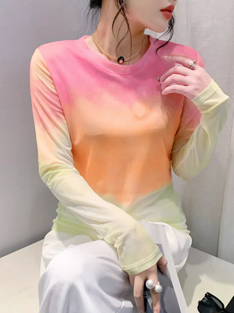 New Semi-transparent Slim Fit T Shirts Positioning Mesh Round Neck Long-sleeved T-shirt Women's Sun Protection Clothing