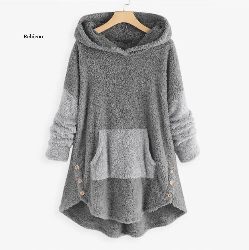 

Oversized Long Sleeve Coat Winter Casual Fluffy Warm Outwears Women Hooded Sweatshirts Vintage Pacthwork Fleece Pullovers Female