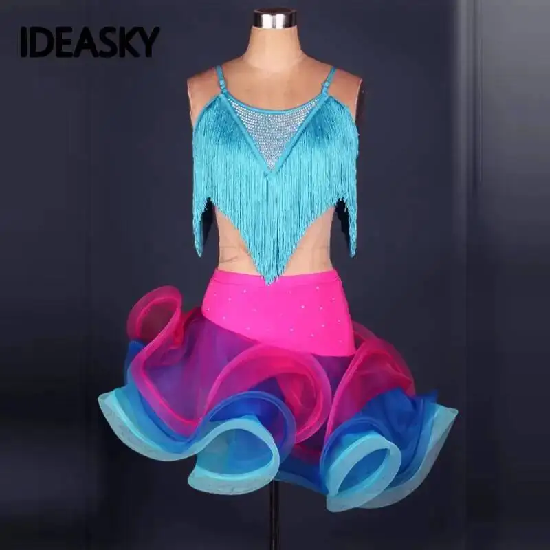 Traje de baile latino profesional para mujer, vestido de baile para mujer, salón de baile, Tango, flecos, Salsa, Rumba, Top y falda con borlas para adultos