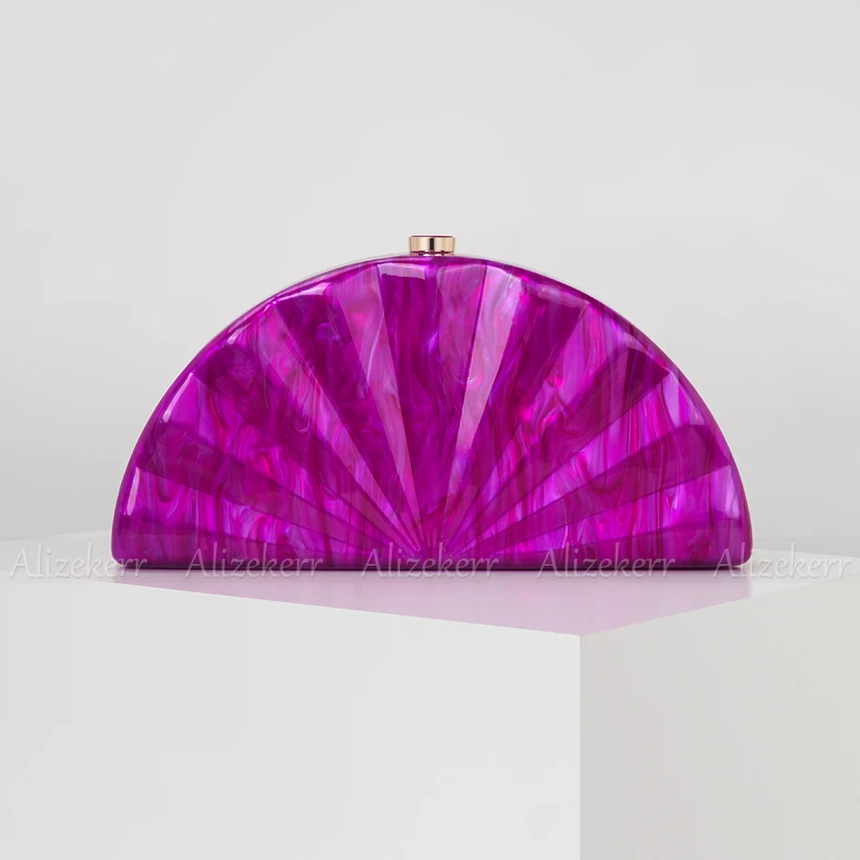 Alizekerr Half Round Acrylic Box Evening Handbags Women Boutique Elegant Fan Shaped Clutch Purses Wedding Party Crossbody Bags