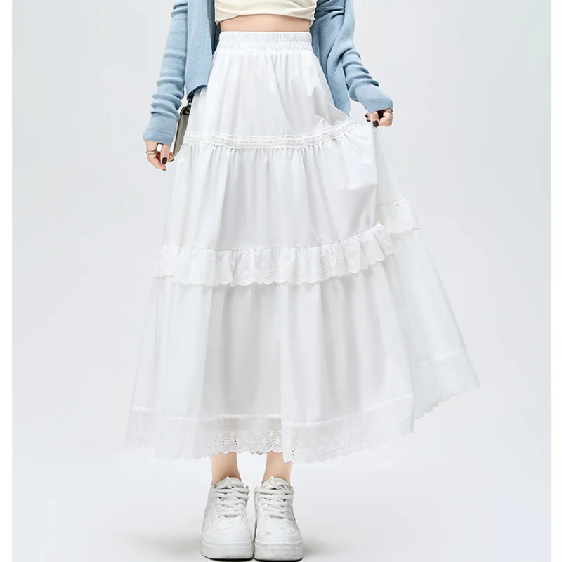 

French Style Lace Stitching White Long Skirts Women Spring Summer New Fashion High Waist A-line Pleated Skirt Woman Casual Skirt