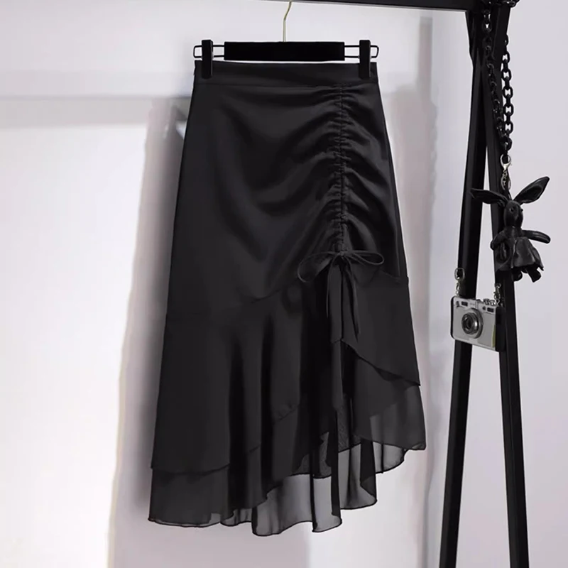 חופשת קיץ rffles חצאיות נשים משרד גברת מותניים גבוהה אלגנטי המשרתת midi חצאיות ג 'ופה פאם faldas