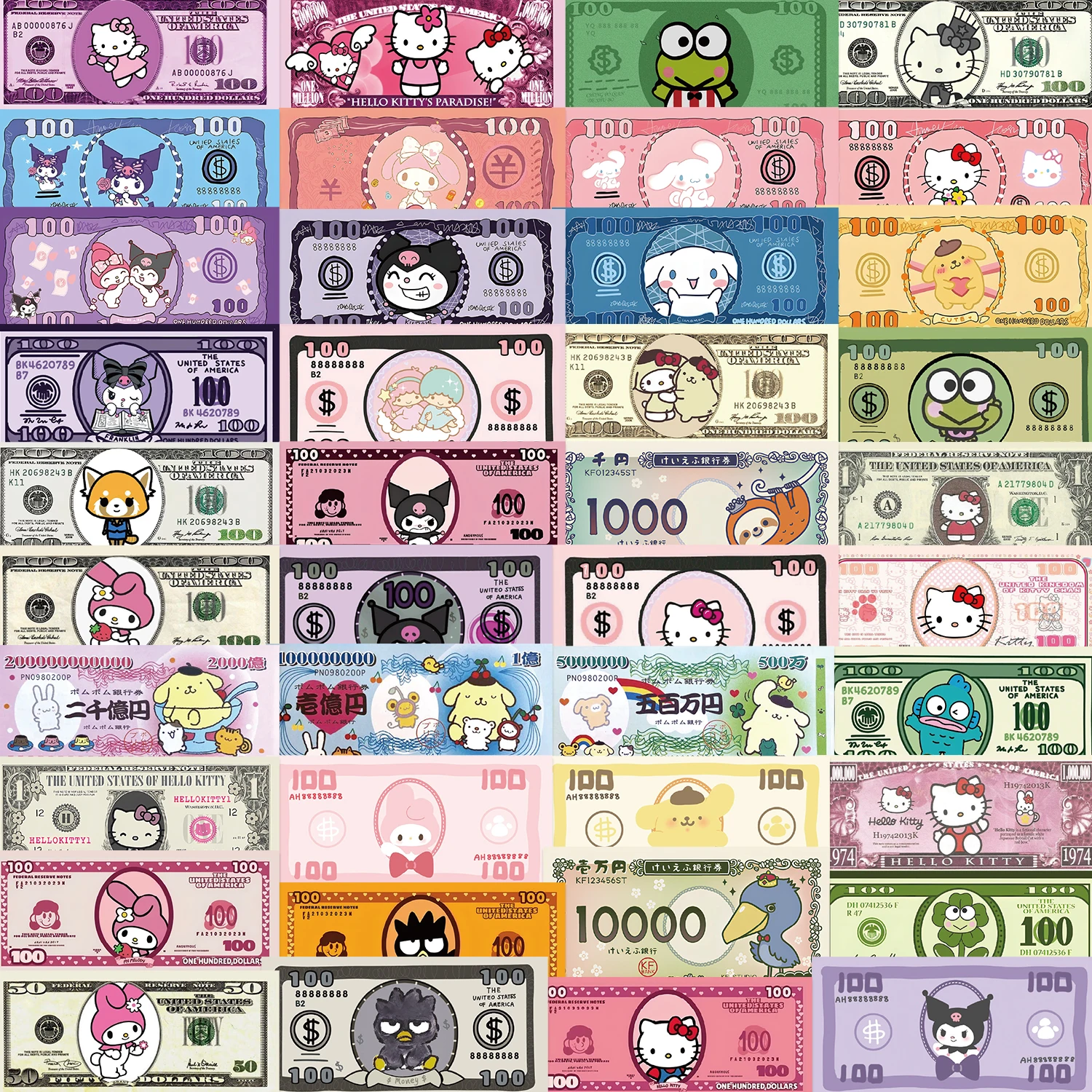 50PCS Funny Cash Money Stickers My Melody Kuromi Sanrio Decals DIY Stationery Laptop Phone Graffiti Sticker Toys