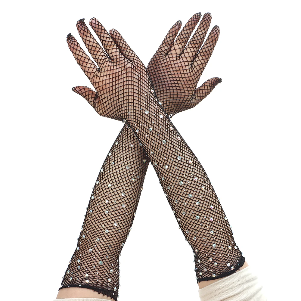 

Sexy Elastic Mesh Gloves With Colored Flash Diamonds Bungee Stage Performance Hollow Fishing Net Punk Hiphop Women's Gloves