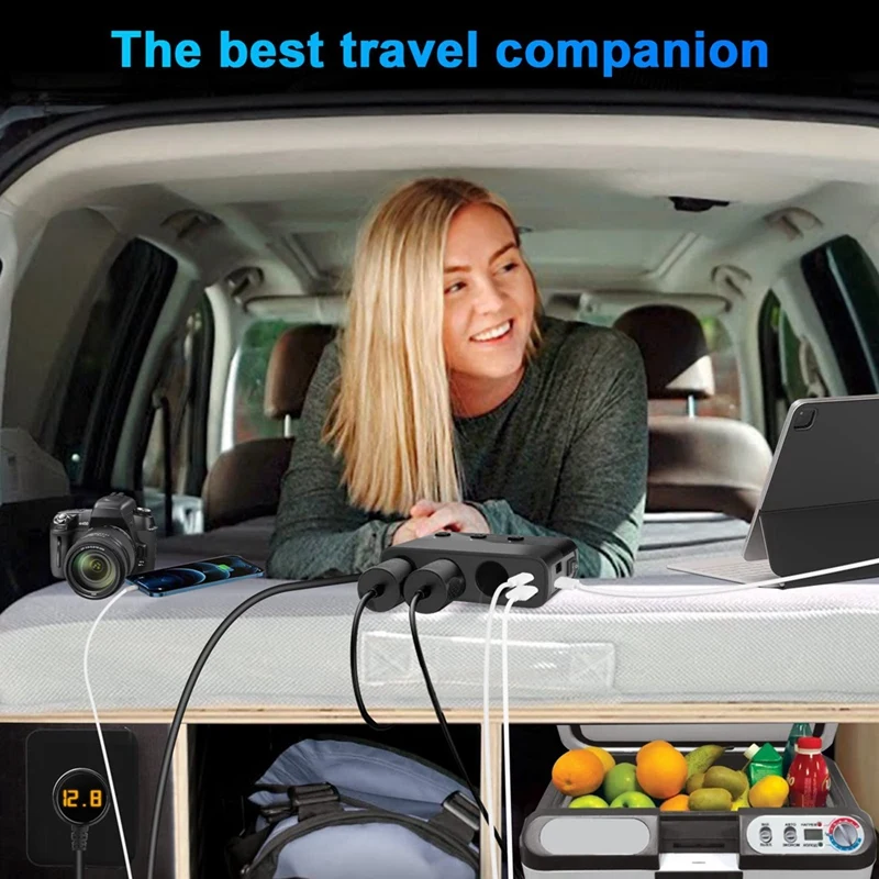 7 in 1 차량용 충전기 어댑터 분배기, 3 소켓 전원, 12V, 24V, C타입 및 2 USB 충전 포트, LED 전압 디스플레이