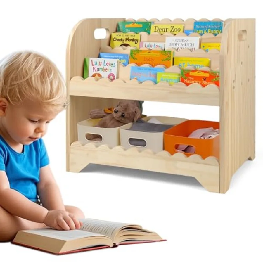 

5 Tier Wooden Bookshelf with Scalloped Shelf 16.5*11.8*15.4" Montessori Bookshelf to Show Covers of Books Durable Baby Toddler