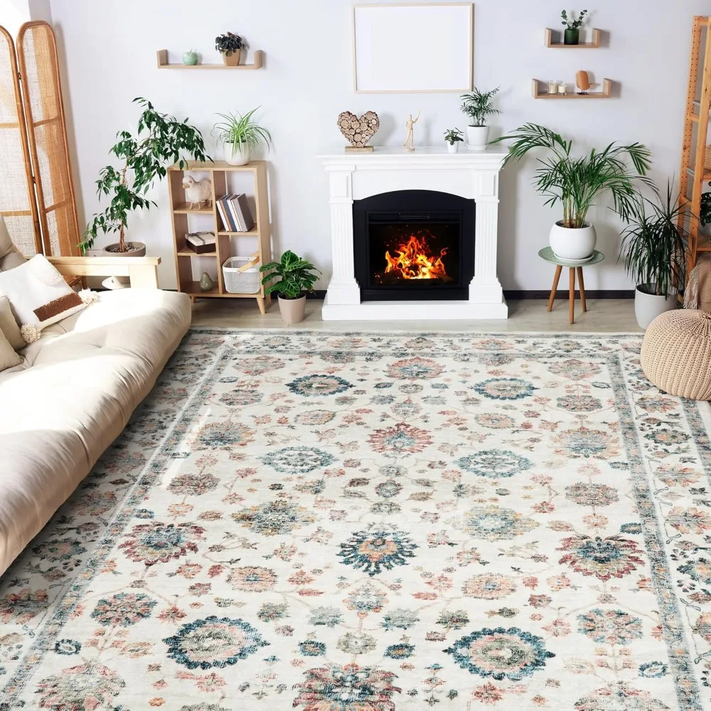 8x10 Washable Vintage Boho Area Rug - Non Slip, Foldable Large Carpet for Living Room, Bedroom, Kitchen - Beige/Multi