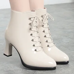 Women Victorian Ankle Boots British Style Thick Heel Shoes Fashion Lace Up Autumn And Winter keep Warm Pointed Tip For Office