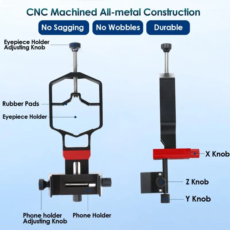 tridaptor XYZ-001 Universal Phone Scope Digiscoping Adapter 3-Axis Metal Phone Holder Mount for Max. 2.4In Eyepiece Telescope