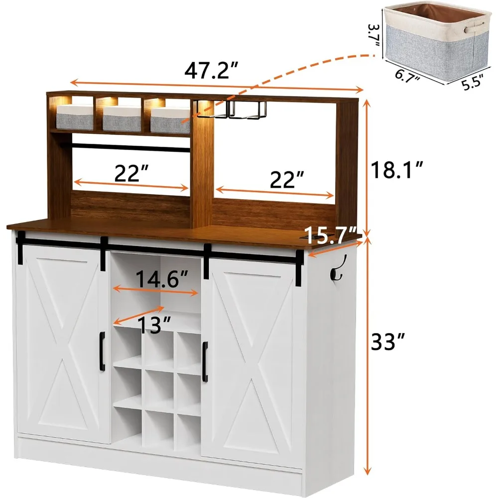 Wine Cabinets with Adjustable 20-Color LED Lights and 6.5FT Outlet, Sliding Barn Door, Adjustable Shelf, Wine Cabinets