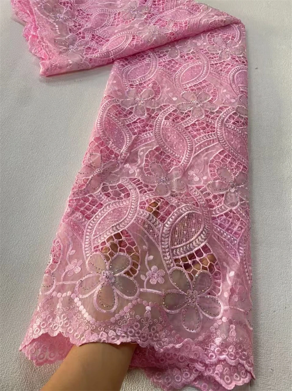 قماش دانتيل أفريقي 2025، مواد أقمشة قطنية للملابس، بالمتر، تطريز، حجر الراين، فساتين الحفلات، تول، 5 ياردات