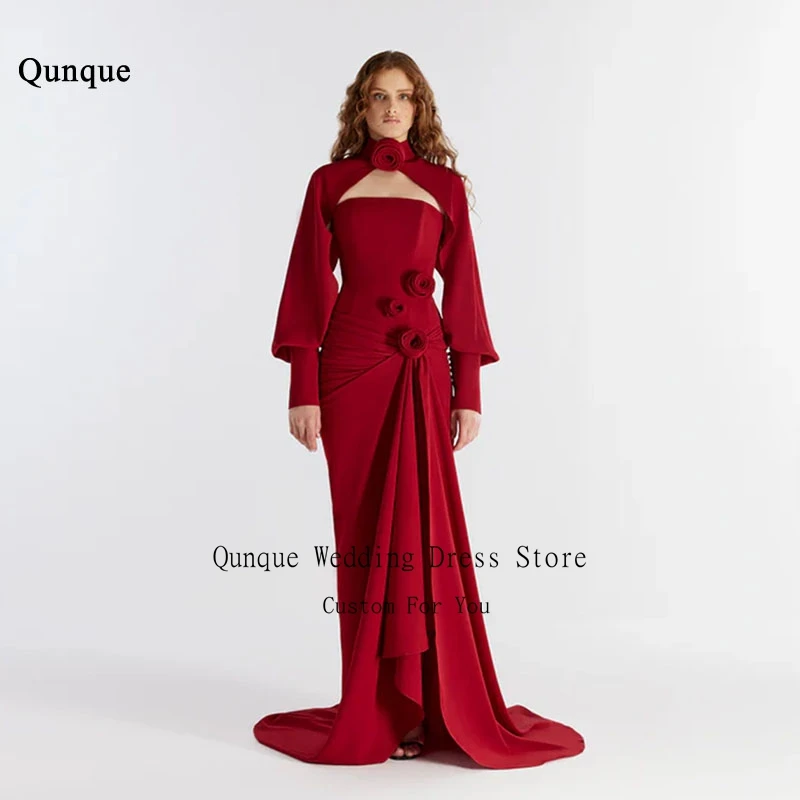 

Qunque Red Prom Gown With Jacket Puff Sleeves Party Dress For Women Pleat 3D Flowers Mermaid Evening Dress For Women Customized