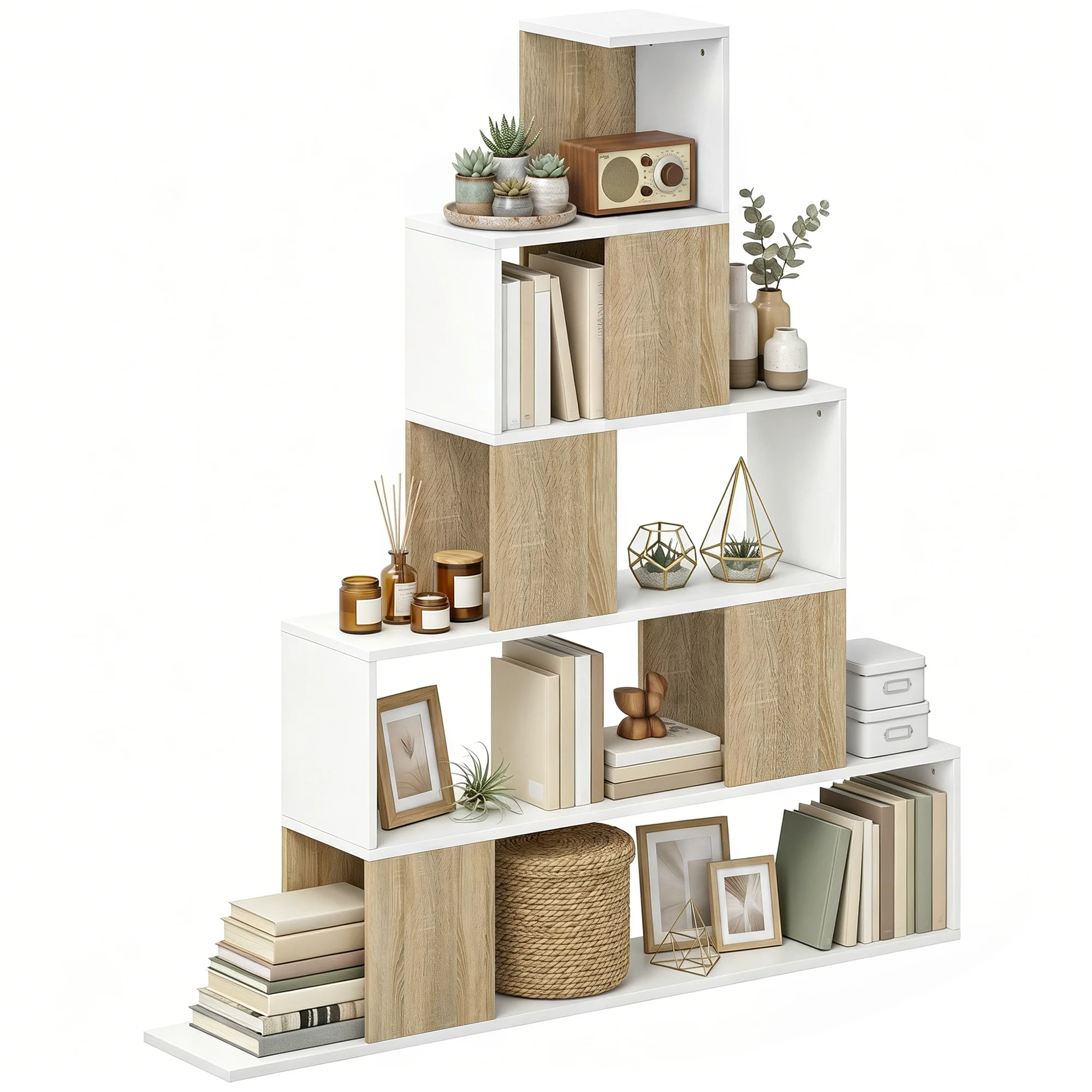 HOMCOM Étagère de rangement, bibliothèque géométrique à 5 niveaux, pour bureau, salon, chambre, blanc et bois naturel