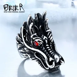 BEIER 316L Stainless Steel Dragon Head Ring With Black Red Eyes Ring Biker Rock Personality Animal Jewelry