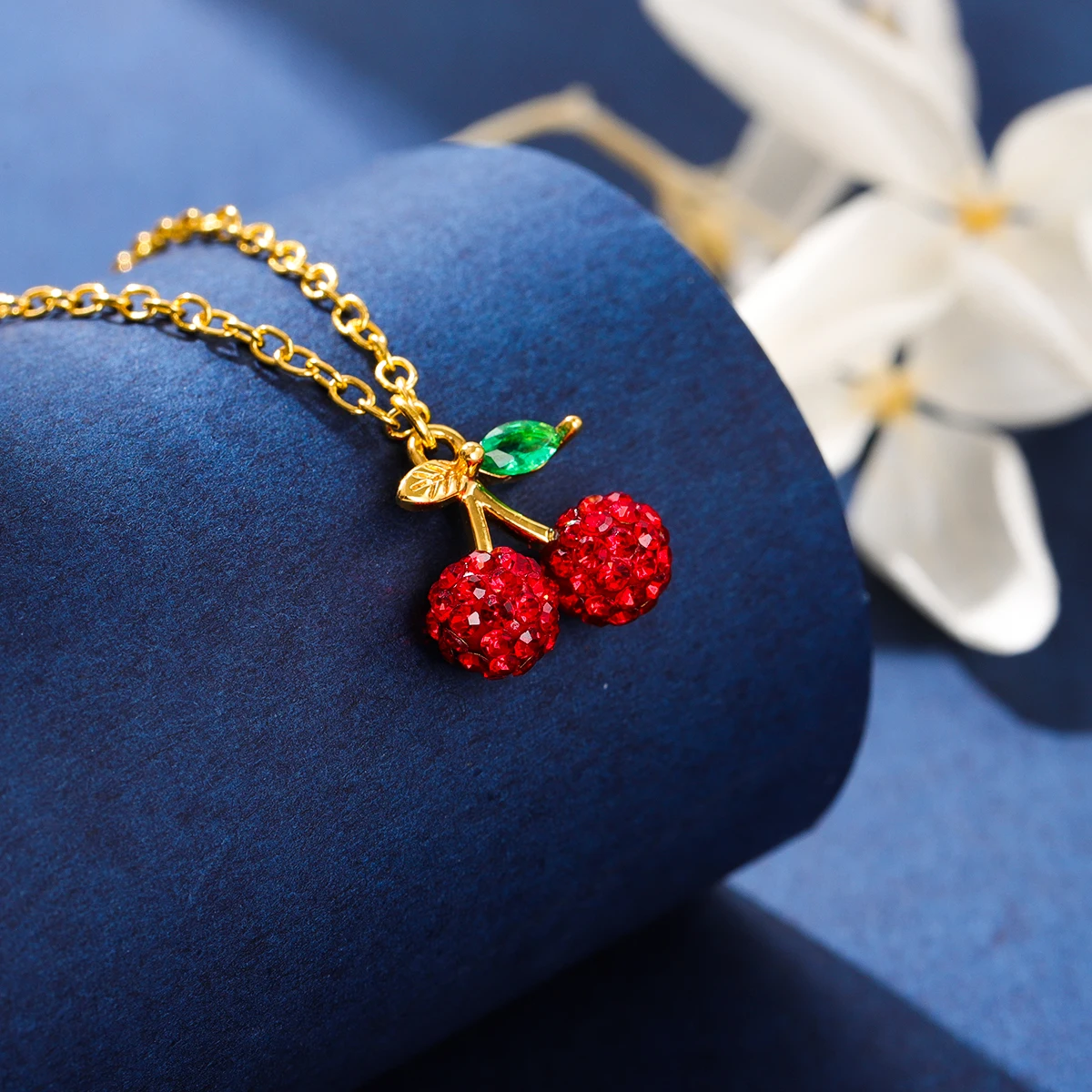 Full Crystal Red Cherry 925 Sterling Silver Fruit Clavicle Chain Pendant Necklaces