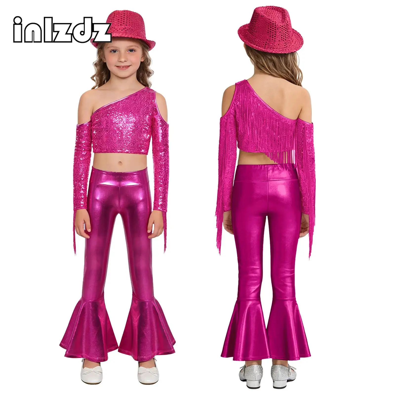 

Girls Hip-hop Jazz Street Dance Performance Costumes Sequin Tassels Crop Top+Pants+Hat Sets Kids Latin Samba Salsa Dance Clothes