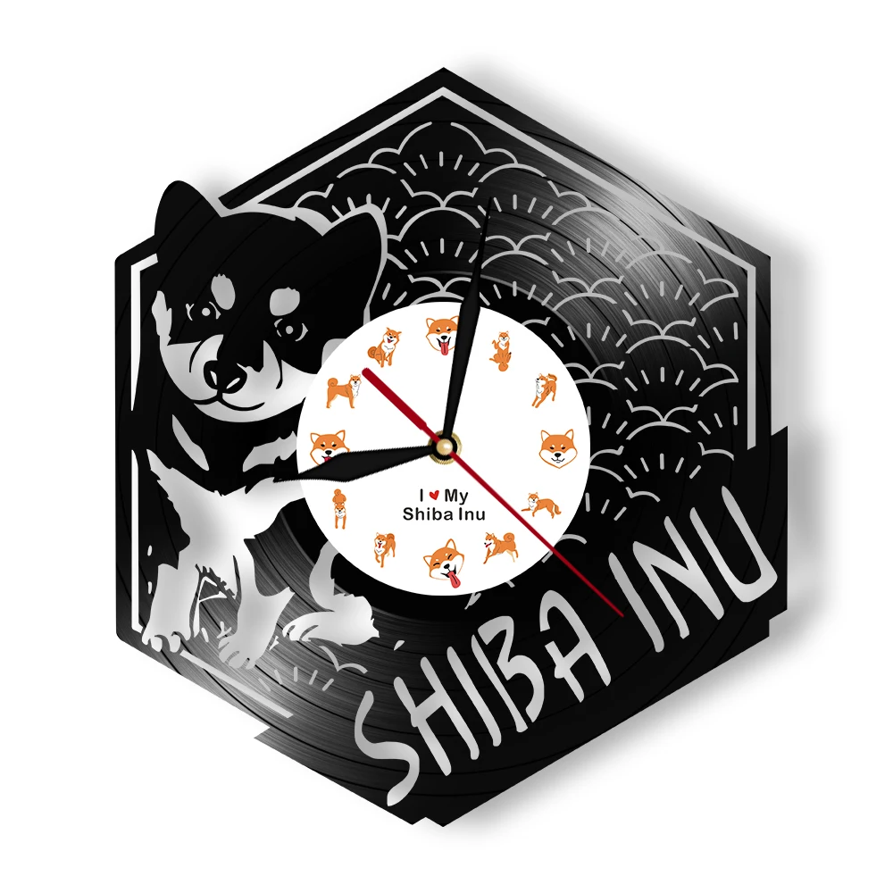 Reloj de Pared con Diseño de Álbum Musical Tallado de Shiba Inu, Reloj de Pared de Vinilo Reciclado con Diseño Retro de Cachorro de Raza Japonesa, Decoración para el Hogar