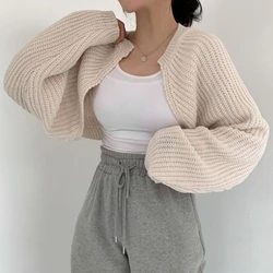 MEXZT Korean Fashion Women Loose Short Knitted Cardigan Sweater Fall Harajuku Lantern Sleeve Y2k Clothes Female Vintage Crop Top