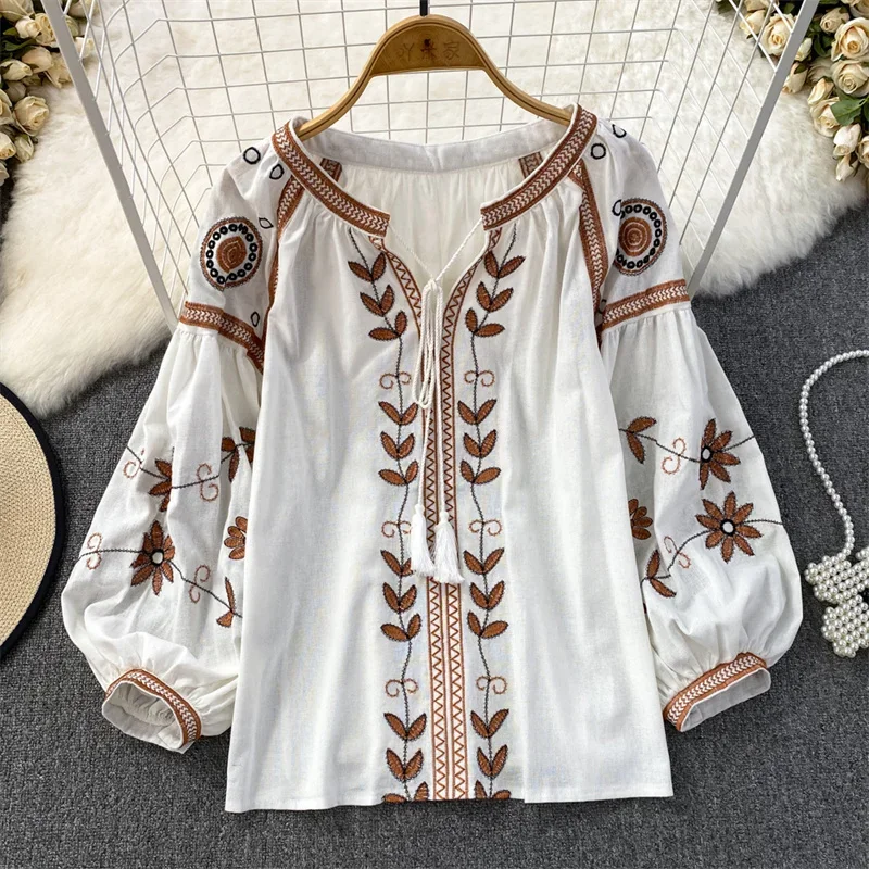 

Spring Summer Women Short Cotton Linen Tops Khaki Black Whit Ethnic Style Vintage Embroidery Round Neck Long Sleeve Female Tops