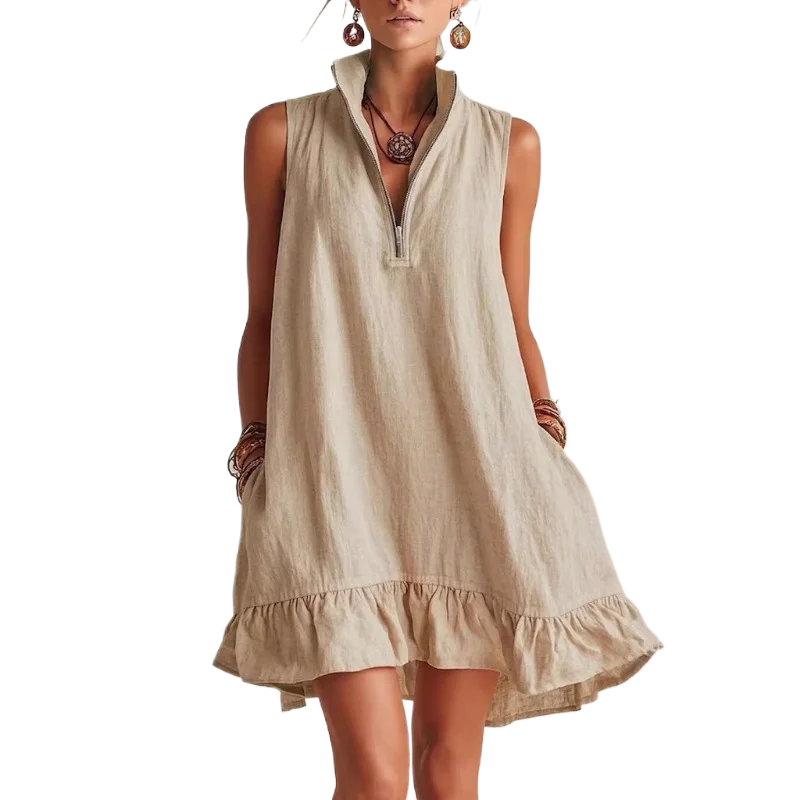 Women's Boho Solid Sleeveless Mini Dress, Summer Vacation Beach Dress,Pockets Zipper V-neck Ruffled Hem Loose A-line Dresses image 4