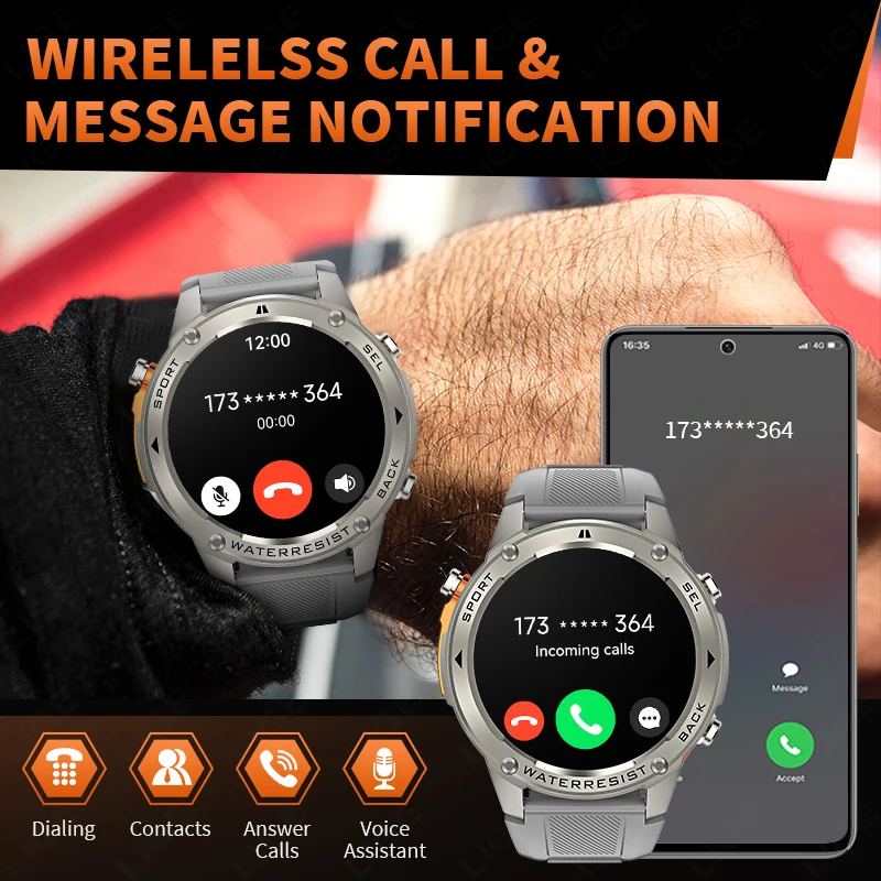 นาฬิกาอัจฉริยะ LIGE รุ่นใหม่ กันน้ำ 5ATM พร้อม GPS หน้าจอ AMOLED HD พร้อมเข็มทิศ วัดอัตราการเต้นของหัวใจ สำหรับกีฬากลางแจ้ง ปี 2025  ติดตามการออกกำลังกาย สำหรับผู้ชาย