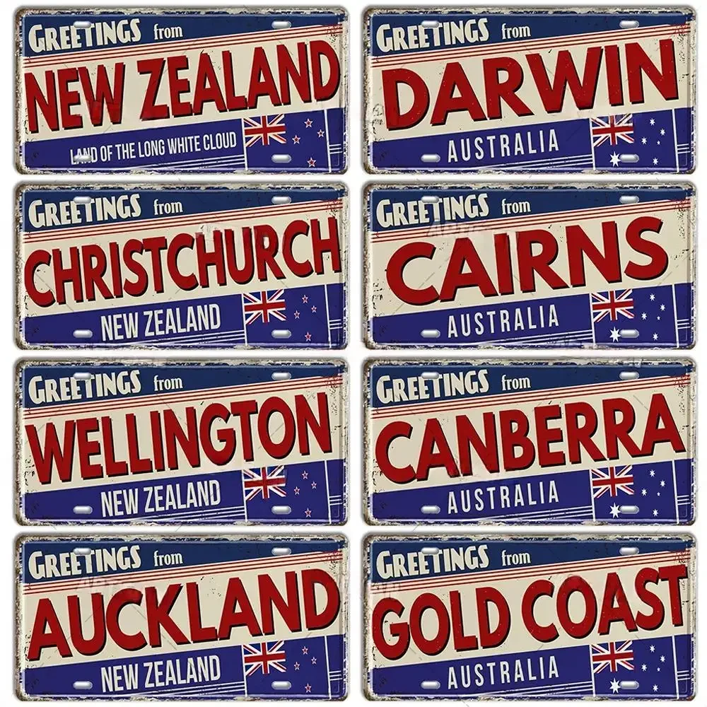 CANADA  AUSTRALIA NEW ZEALAND Greetings From Landmark License Plate City State Metal Tin Plaque Car Metal Sign Garage Wall Decor