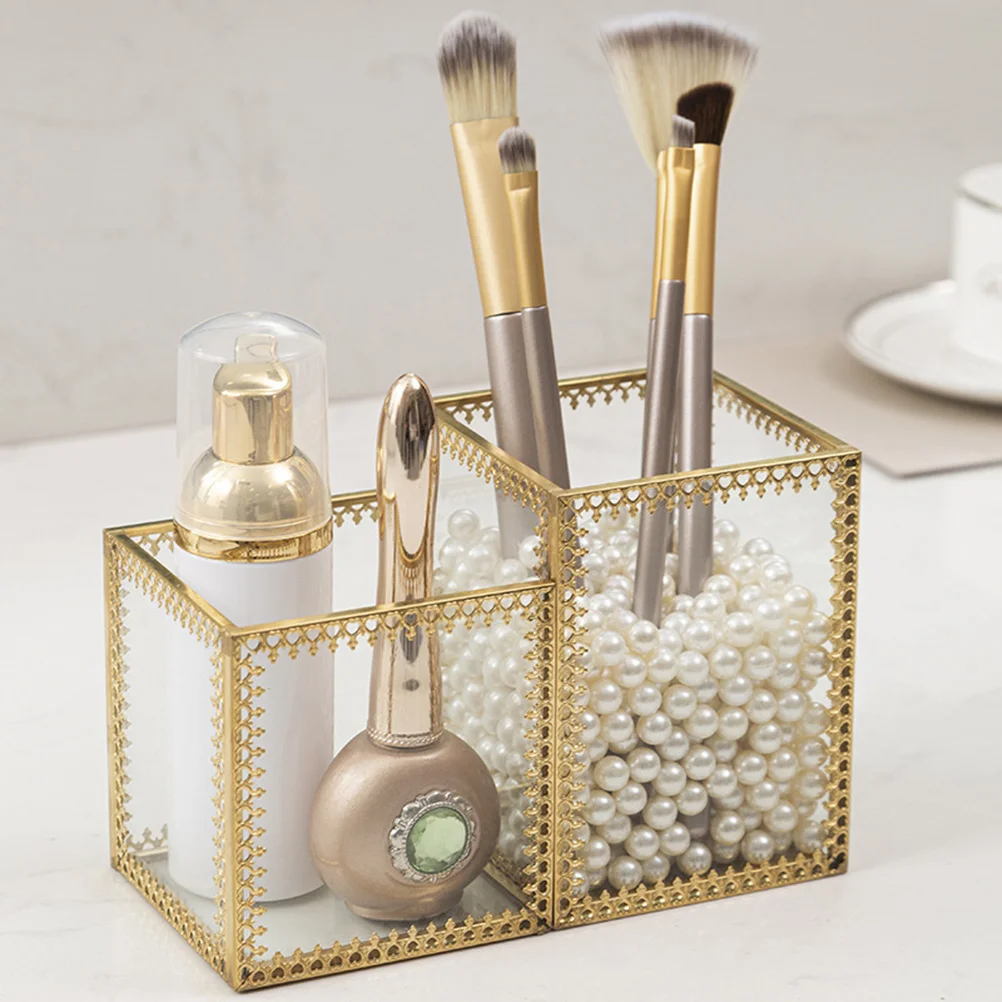 Cubo de almacenamiento de brochas de maquillaje, vidrio transparente, cobre, soporte para brochas de maquillaje de escritorio, portalápices, caja de almacenamiento de papelería de oficina