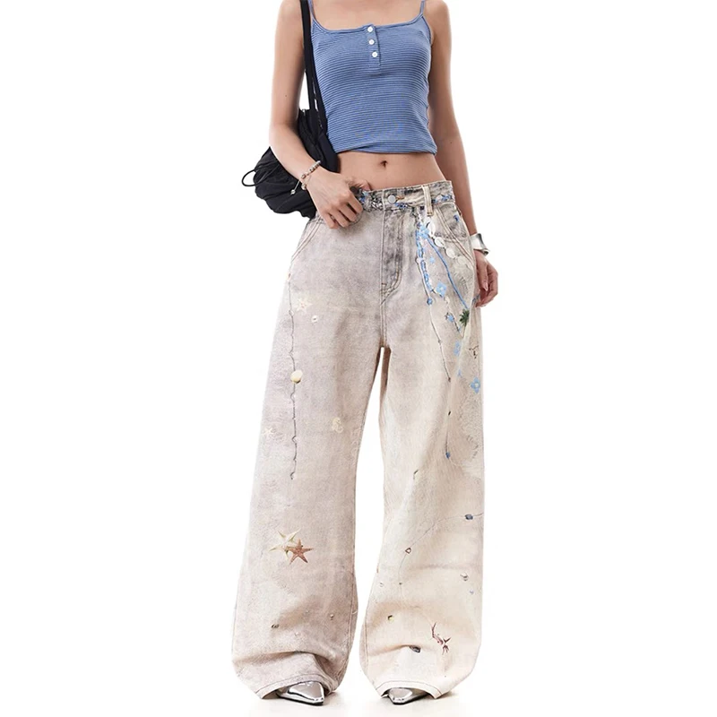 

ZHIZOU Women Y2k Jeans Harajuku Japanese 2000s Style Cute Cartoon Baggy Denim Trousers American Vintage Oversize Jean Long Pants