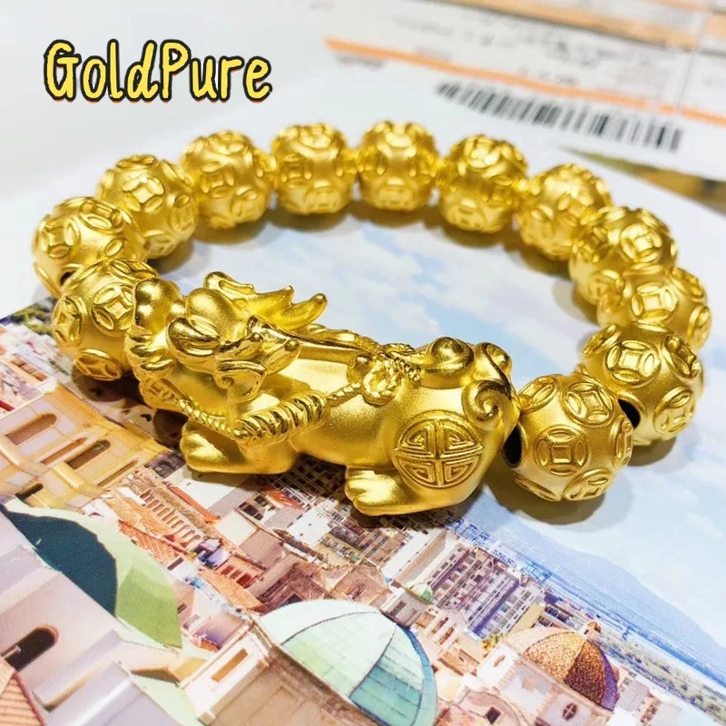Goldpure Pixiu سوار 999 الذهب 24K الذهب الحقيقي الرجال سوار غني بوذا حبة سوار المال حبة سوار
