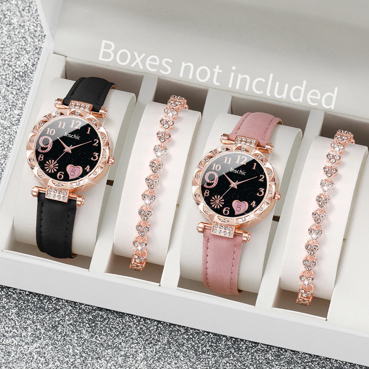 Jam tangan wanita Quartz, 4 buah/set arloji kulit HITAM Pink dengan gelang berlian cinta