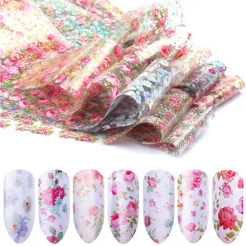 10 Pcs Holografische Nail Folie Slider Mix Bloem Ontwerpen Set Transfer Nails Stickers Bloemen Prints Manicure Sticker Kunst Decoratie