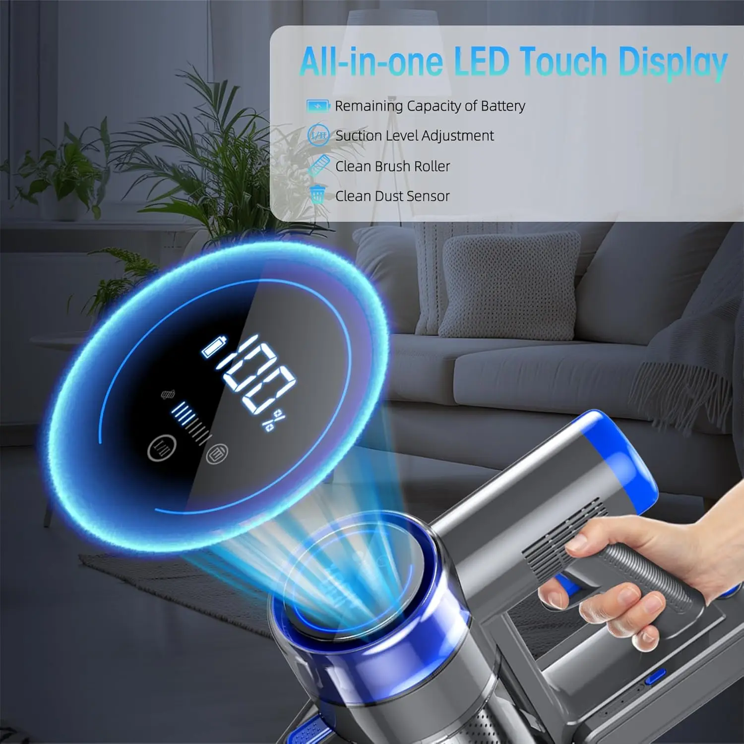 Cordless Vacuum Cleaner, 8-in-1 Strong Power Suction Stick Vacuum Cleaners with 2200 mAh Detachable Battery, Lightweight Self-St