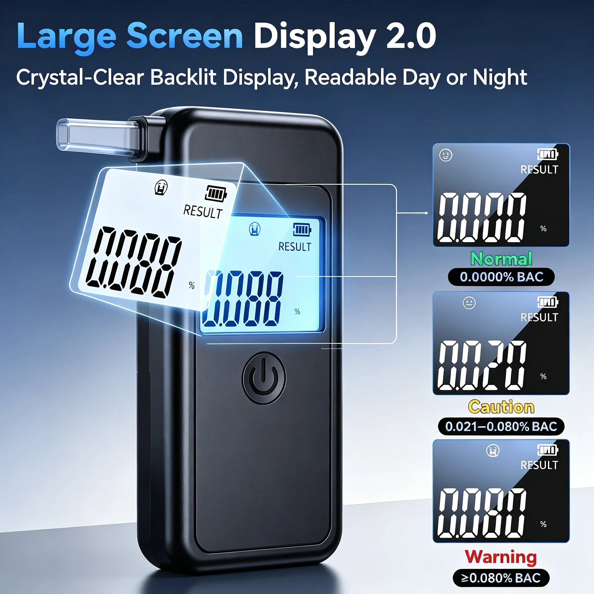 Portable Breath Alcohol Tester with 2.0 Large Backlit Screen, Multi Unit Switching Breathalyzer（Battery not Included）