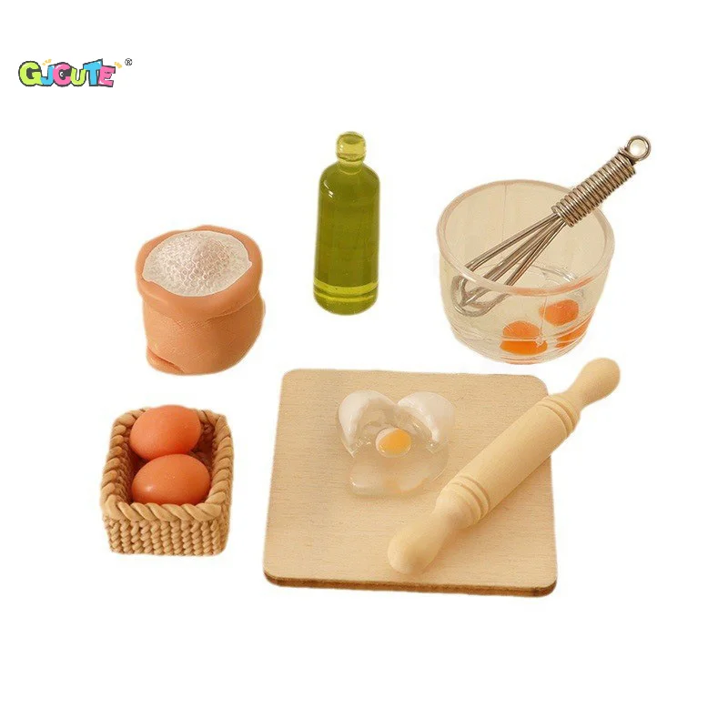 1Set 1:12 Dollhouse Miniature Egg Bowl Egg Beater Chopping Board Rolling Pin Flour Bag Kitchen Model Decor Kids Play Pretend Toy