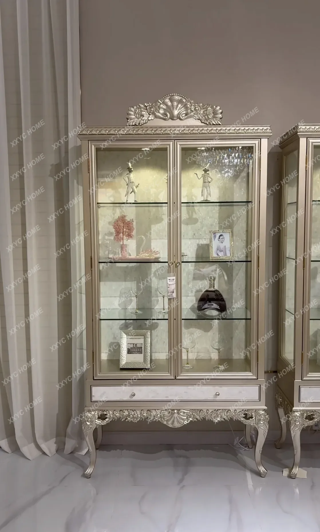 Solid Wood Retro Side Cabinet Glass Door Wine Cabinet Engraved Gold Display Bookcase