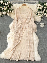 Korean Thin Shawl Long Cardigan Jacket Women Sexy Hollowed Out Crochet Knit Coat Female V-neck Long Sleeve Summer Beach Outwear