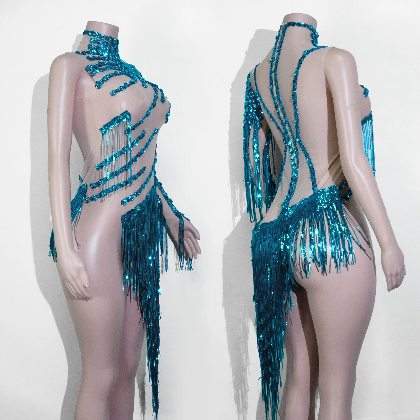 فستان مثير من حجر الراين الأزرق مع شرابات على كتف واحد لمرحلة أداء الرقص اللاتيني زي حفلة DJ فستان عيد الميلاد