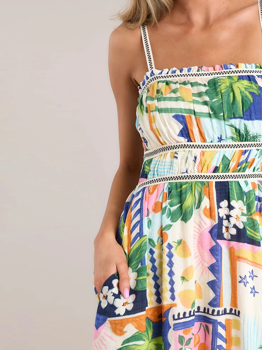 Women's Tropical Print Long Dress Summer Sleeveless Open Back Low Cut Floral Beach Dresses Female Spaghetti Strap Cami Dress