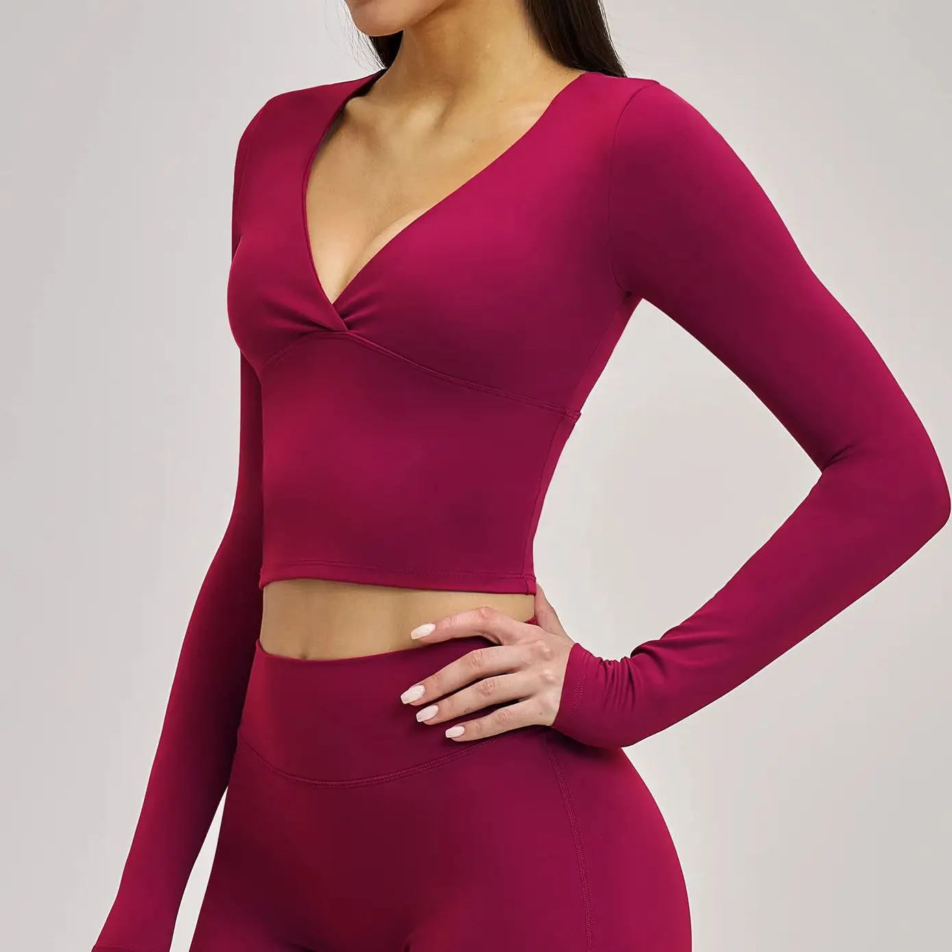 

Сексуальные футболки для йоги Ningyu с глубоким V-образным вырезом, однотонные спортивные футболки, женские футболки для тренировок в зале, быстросохнущие фитнес-топы с длинным рукавом, укороченные топы для женщин