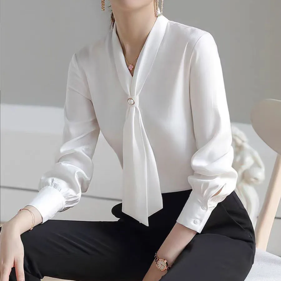 Women Spring Autumn Style Blouses Shirts Lady Casual Long Sleeve Bow Tie Collar Blusas Tops Office Lady Shirt Female Clothes Top