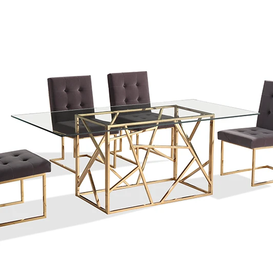 Luxury Lifestyle Interior Design Contemporary Gold Plated Luxury Stainless Steel Glass Dining Table