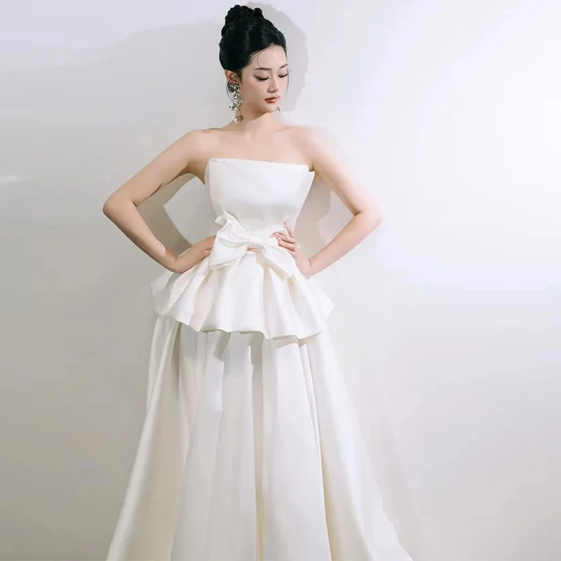PJN 2025 NEW Bow Strapless Wedding Dress Bride Luxury White Satin Reception Snapshot Party Dresses Women Prom Long Evening Dress