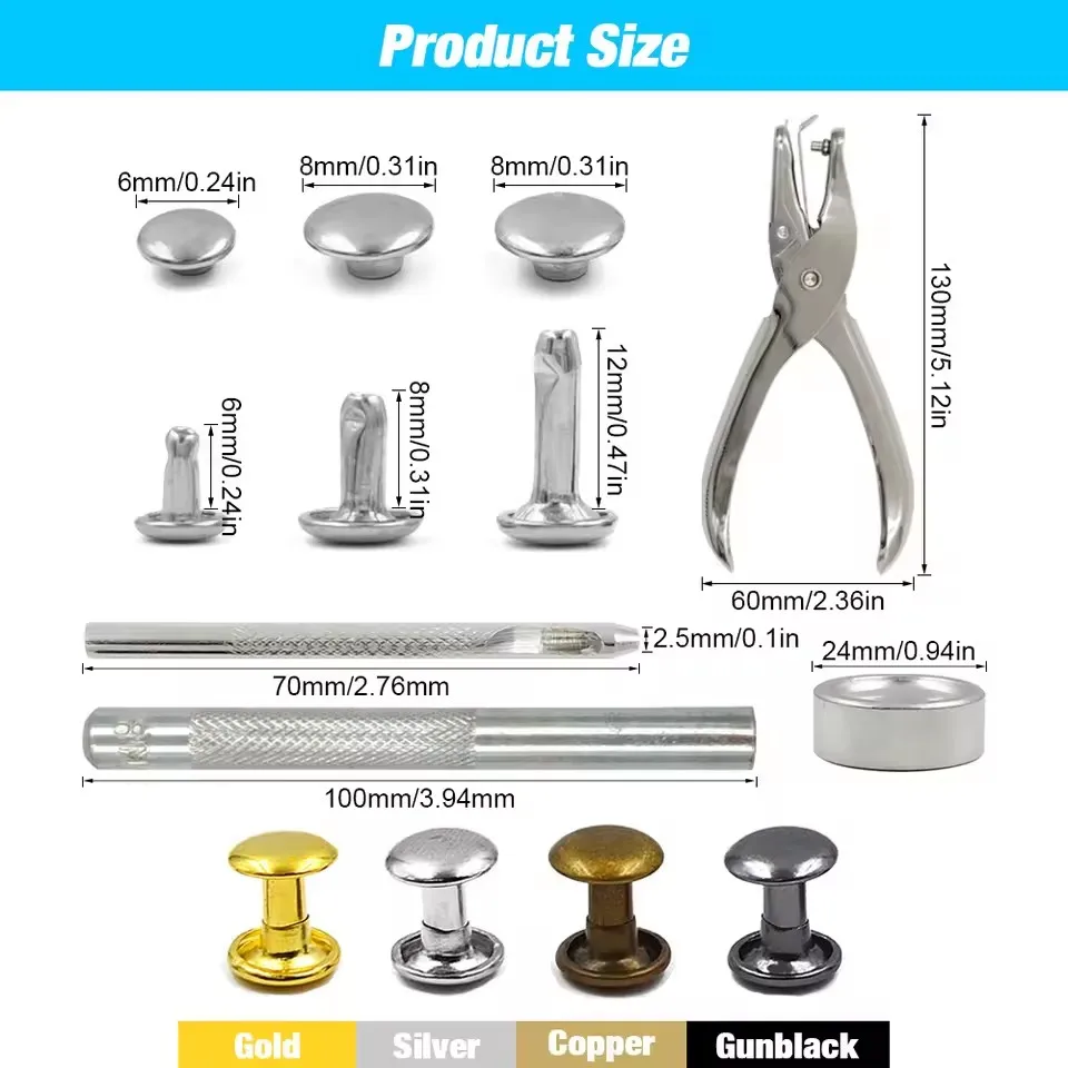Metal Double Cap Rivets Stud Round Spike Nail With Tool Kits For Shoes Bag Belt Leathercraft Repair Clothing Garment Accessories