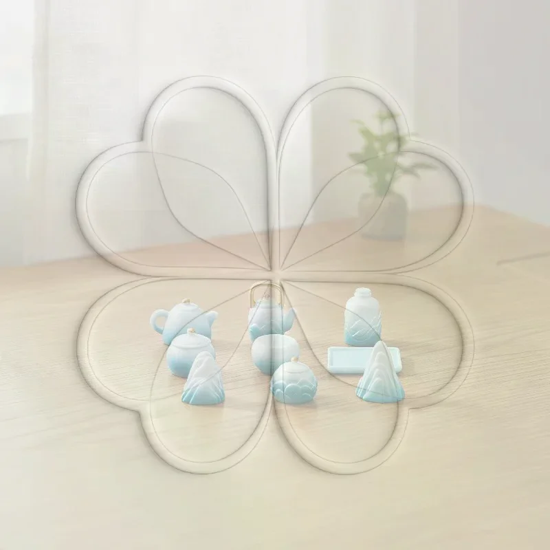9Pcs Mini Resin Tea Set Ink Landscape Mountain Figurine Style Decor for Dollhouse Fairy Garden Home Ornament