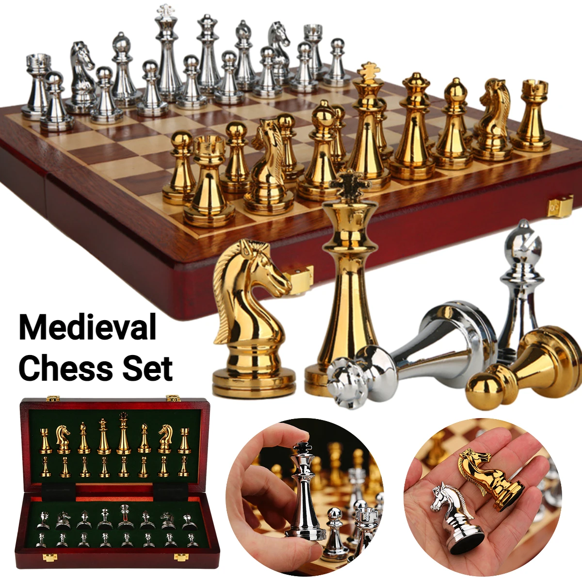 Retro Medieval Luxury Chess Game Set Wooden Chessboard Family Chess Pieces Professional Chess Pieces International Metal Chess