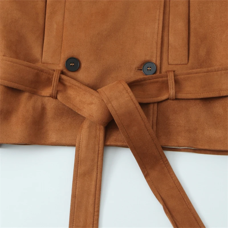 KEYANKETIAN 2026 Spring New Women's Short suede Suit Coat Retro style With Belt Double Breasted Brown Slim Blazer Outerwear Top